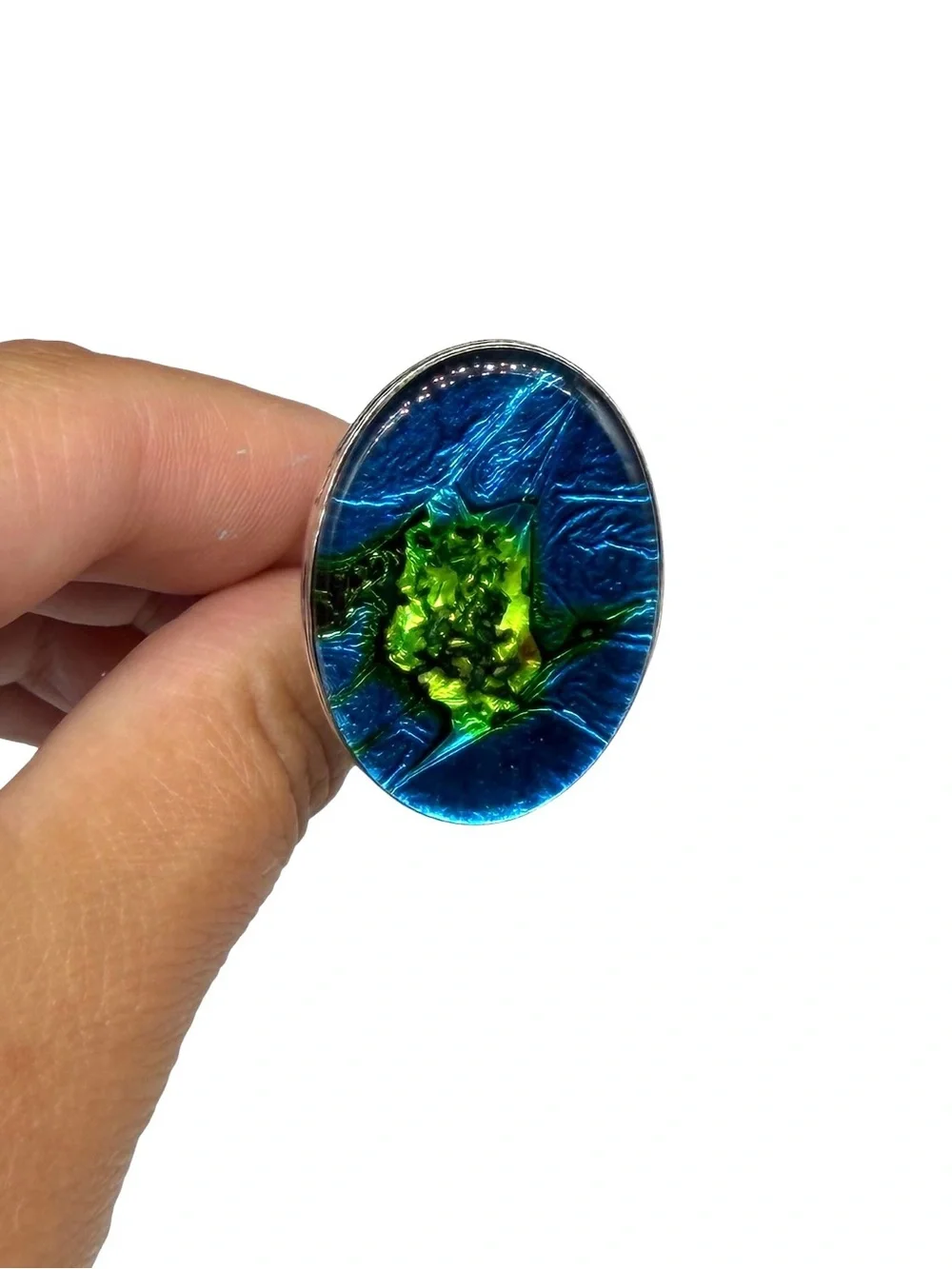 Dichroic Glass Ring Size 8 925 Sterling Silver Overlay Blue Green
